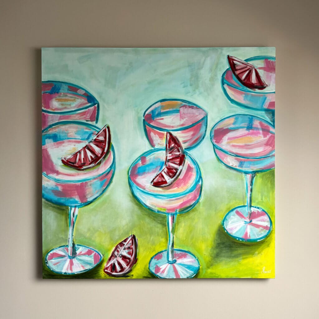 Acrylbild auf Leinwand von 6 Cocktailgläsern mit Blutorangenscheiben